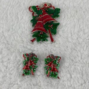 Vintage Marie Jennifer Christmas‎ Bells 2" Brooch Pendant 1" Earrings Red Green